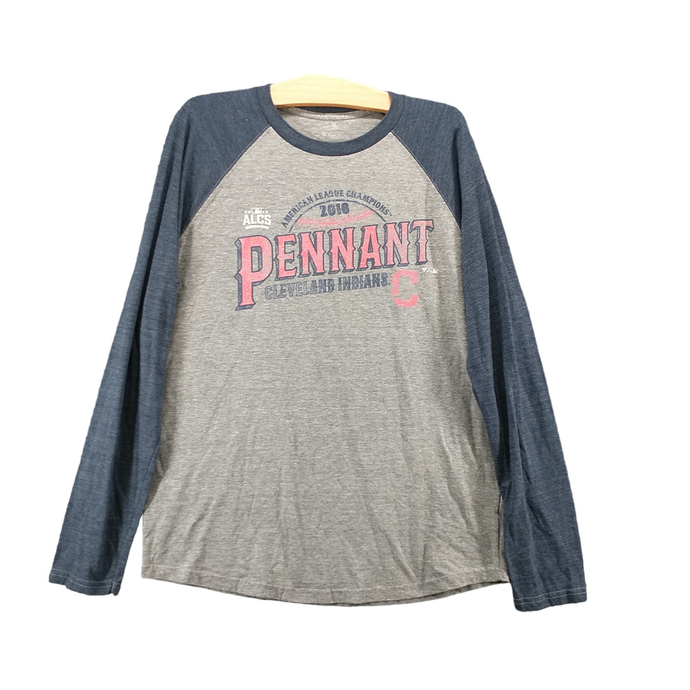 Fanatics Men's Pennant Cleveland Indians Raglan Shirt Gray Blue Large Pullover